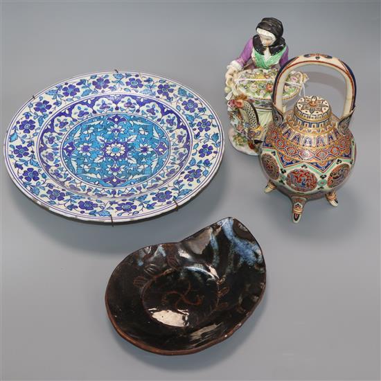 A Continental porcelain figure of a flower seller, a Satsuma teapot and cover and two dishes